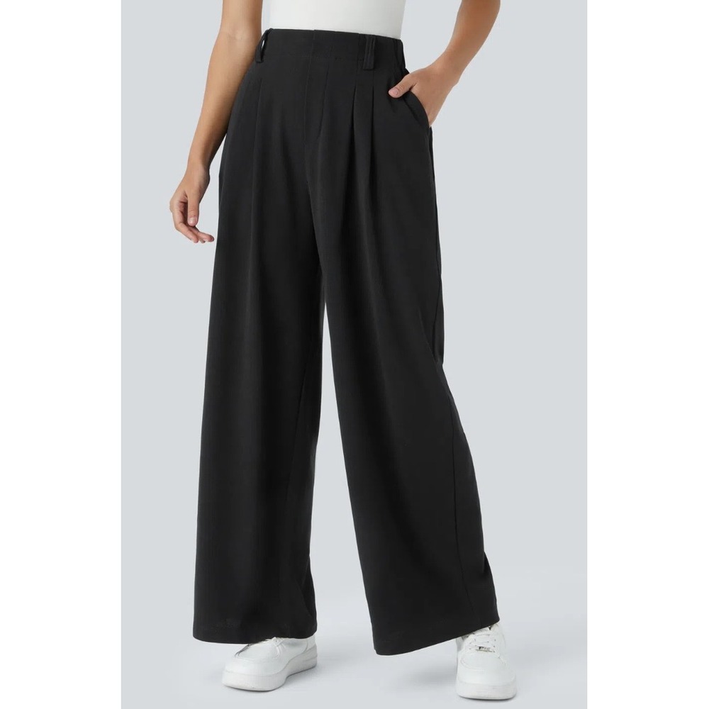 Halara High Waisted Wide Leg Pleated Dress Pants Black Tall L LBPMT-6